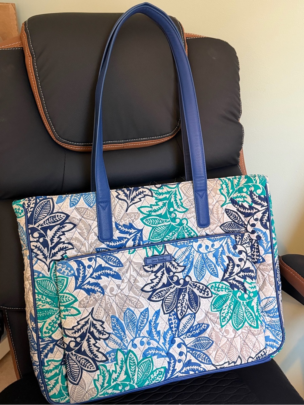 Vera Bradley Quilted Floral Tote Bag in Blue & Teal with Navy Straps